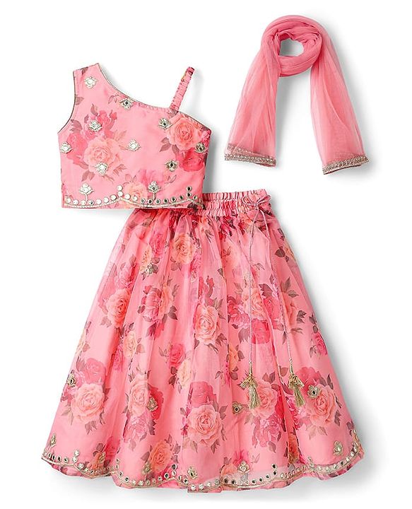Babyhug Woven Sleeveless Choli Lehenga Set & Dupatta With Floral Embroidery & Lace Detailing - Pink
