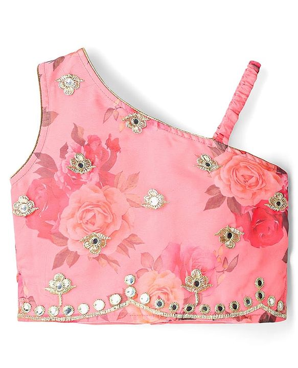 Babyhug Woven Sleeveless Choli Lehenga Set & Dupatta With Floral Embroidery & Lace Detailing - Pink