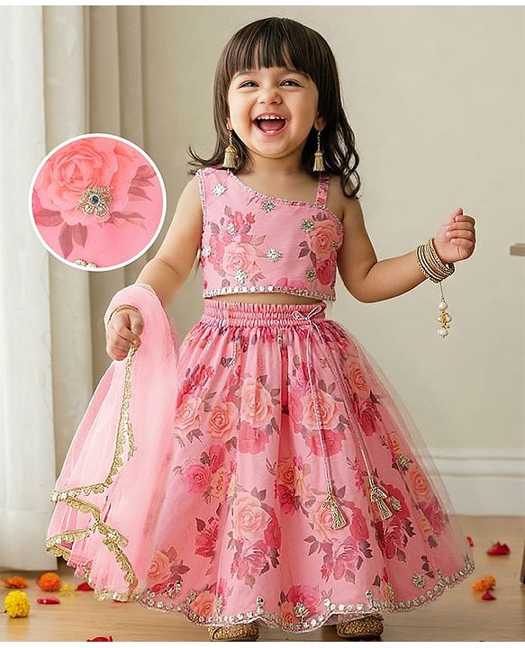 Babyhug Woven Sleeveless Choli Lehenga Set & Dupatta With Floral Embroidery & Lace Detailing - Pink