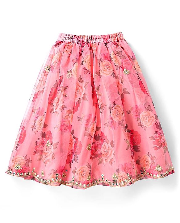 Babyhug Woven Sleeveless Choli Lehenga Set & Dupatta With Floral Embroidery & Lace Detailing - Pink