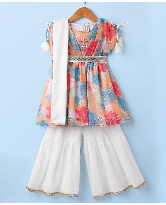 Babyhug Georgette Woven Short Sleeves Kurti Palazzo  Set With Dupatta  Lace Detailing & Sequin Floral Embroidery - Muticolour