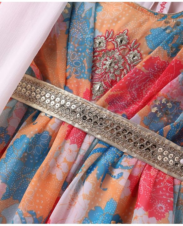 Babyhug Georgette Woven Short Sleeves Kurti Palazzo  Set With Dupatta  Lace Detailing & Sequin Floral Embroidery - Muticolour