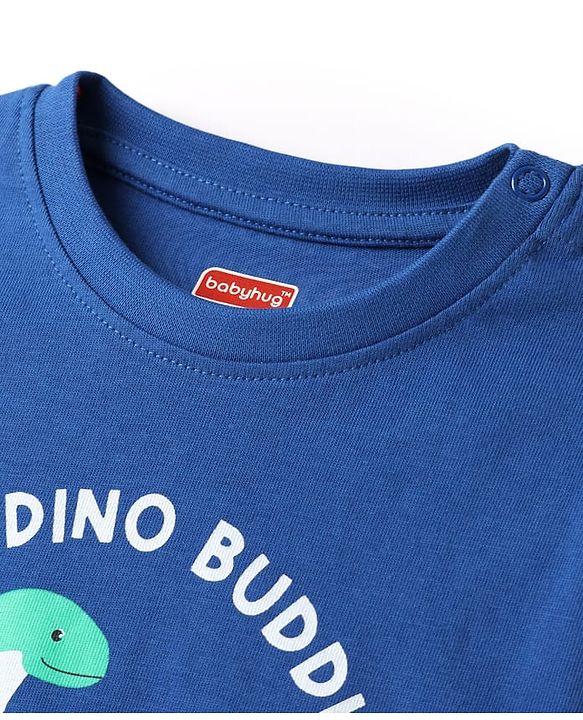 Babyhug Cotton Knit Half Sleeves T-Shirt With Dino Print - Navy Blue