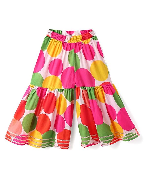 Babyhug 100% Cotton Three Fourth Sleeves Girls Kurti Pallazzo & Dupatta Set with All over Print & Lace Detailing - Dark Pink & Green