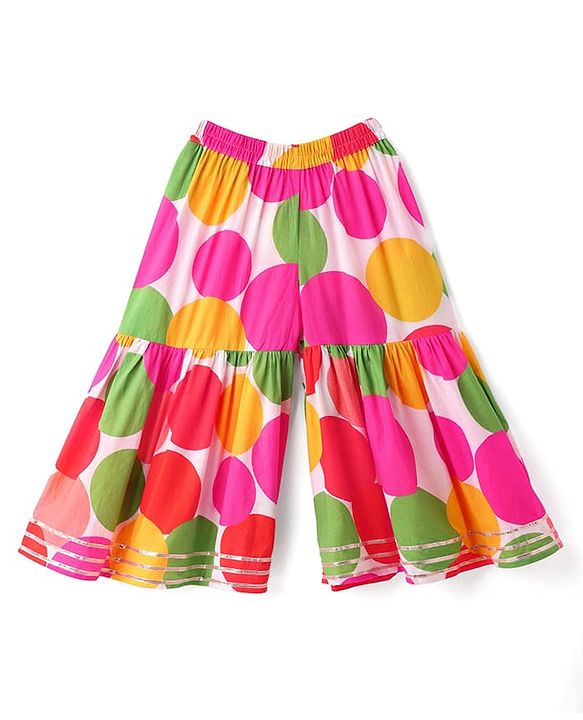 Babyhug 100% Cotton Three Fourth Sleeves Girls Kurti Pallazzo & Dupatta Set with All over Print & Lace Detailing - Dark Pink & Green