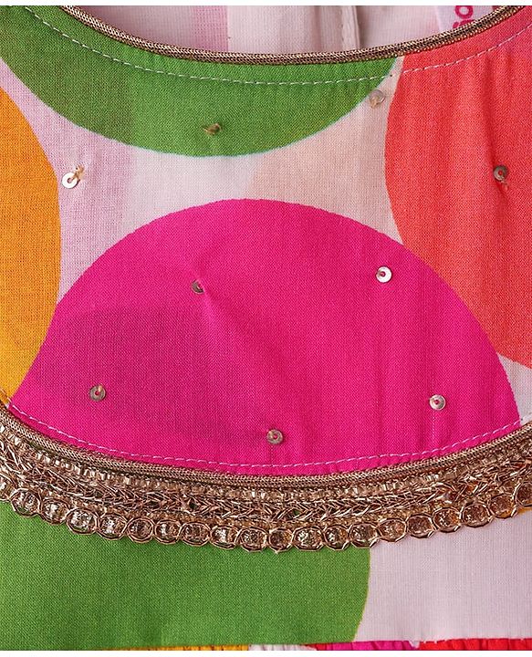 Babyhug 100% Cotton Three Fourth Sleeves Girls Kurti Pallazzo & Dupatta Set with All over Print & Lace Detailing - Dark Pink & Green