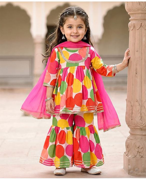 Babyhug 100% Cotton Three Fourth Sleeves Girls Kurti Pallazzo & Dupatta Set with All over Print & Lace Detailing - Dark Pink & Green