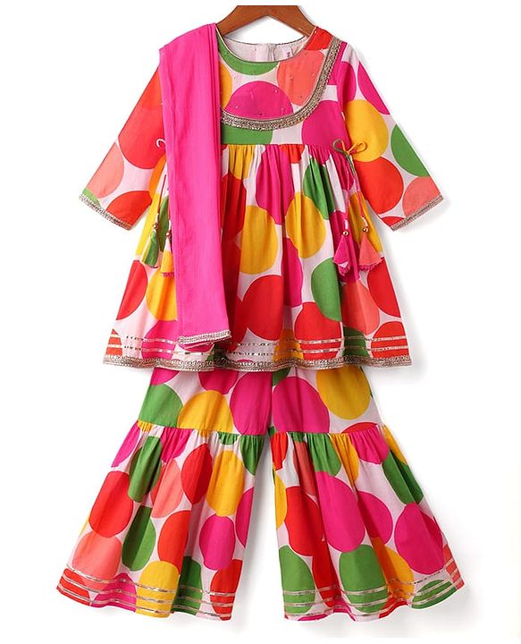 Babyhug 100% Cotton Three Fourth Sleeves Girls Kurti Pallazzo & Dupatta Set with All over Print & Lace Detailing - Dark Pink & Green