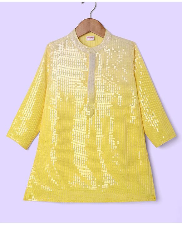 Babyhug Woven Full Sleeves Kurta & Pajama Set With Sequin Detailing - Yellow & White