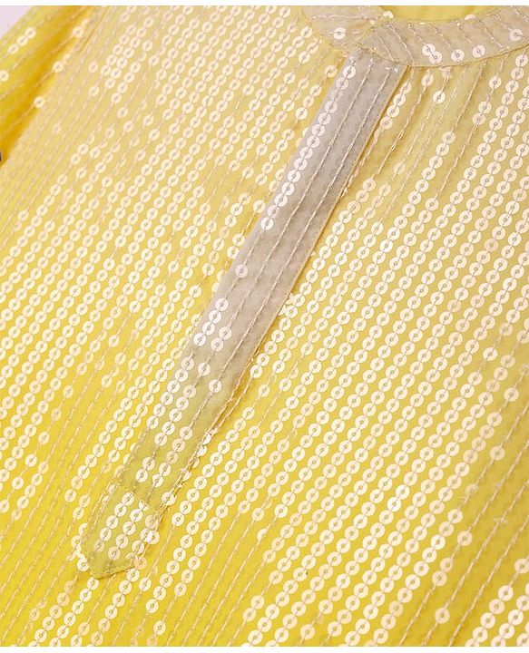 Babyhug Woven Full Sleeves Kurta & Pajama Set With Sequin Detailing - Yellow & White
