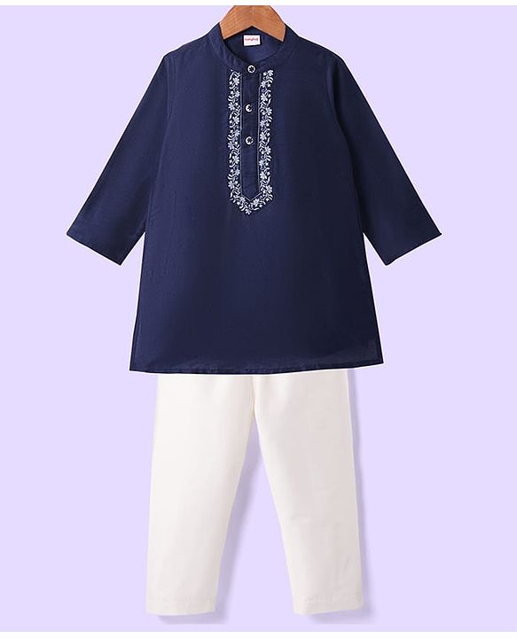 Babyhug Woven Full Sleeves Kurta & Pajama Set With Floral Embroidery Detailing - Navy Blue
