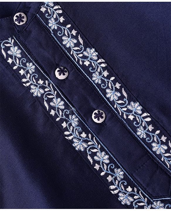 Babyhug Woven Full Sleeves Kurta & Pajama Set With Floral Embroidery Detailing - Navy Blue