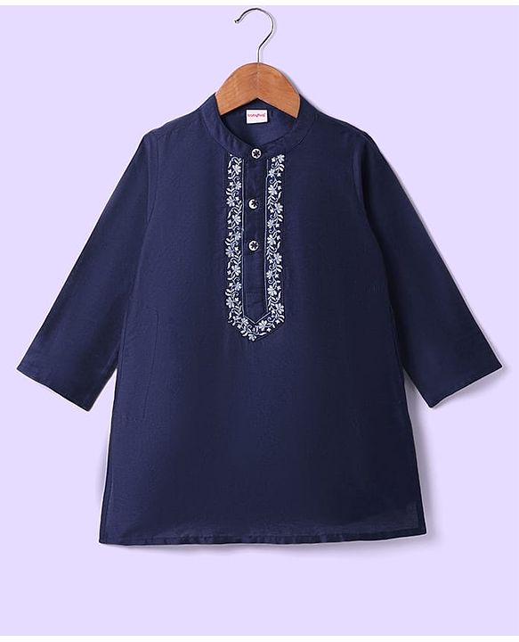 Babyhug Woven Full Sleeves Kurta & Pajama Set With Floral Embroidery Detailing - Navy Blue