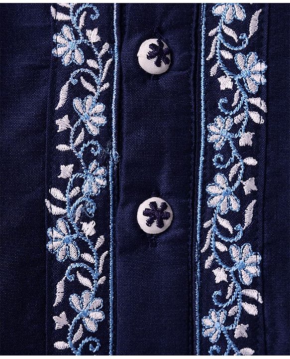 Babyhug Woven Full Sleeves Kurta & Pajama Set With Floral Embroidery Detailing - Navy Blue