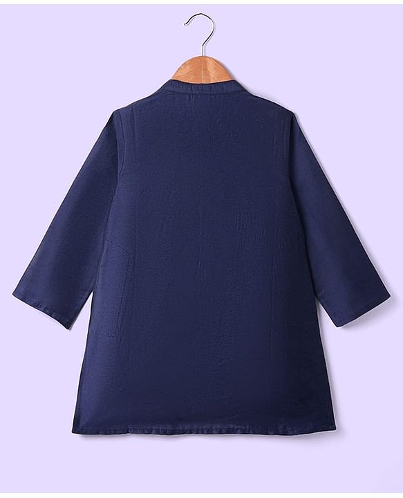 Babyhug Woven Full Sleeves Kurta & Pajama Set With Floral Embroidery Detailing - Navy Blue