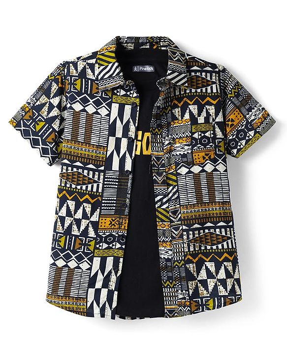 Pine Kids Viscose Woven Half Sleeves Printed Shirt With T-Shirt - Multicolour