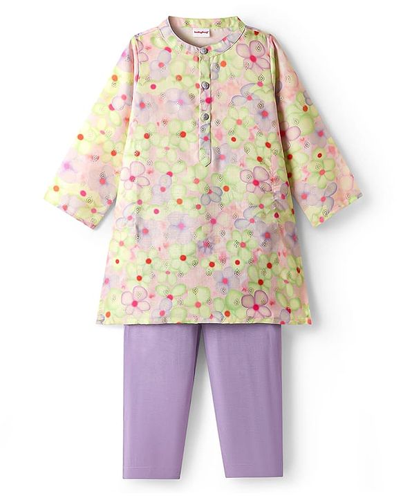 Babyhug Woven Full Sleeves Kurta Pyjama Set With Floral Print - Lavender