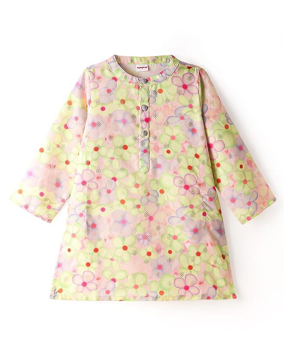 Babyhug Woven Full Sleeves Kurta Pyjama Set With Floral Print - Lavender