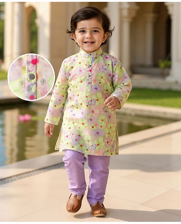 Babyhug Woven Full Sleeves Kurta Pyjama Set With Floral Print - Lavender