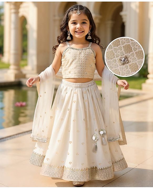 Babyhug Woven Sleeveless Choli Lehenga Set with Dupatta with Brocade Embroidery & Lace Detailing  - Offwhite