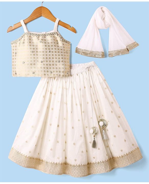 Babyhug Woven Sleeveless Choli Lehenga Set with Dupatta with Brocade Embroidery & Lace Detailing  - Offwhite