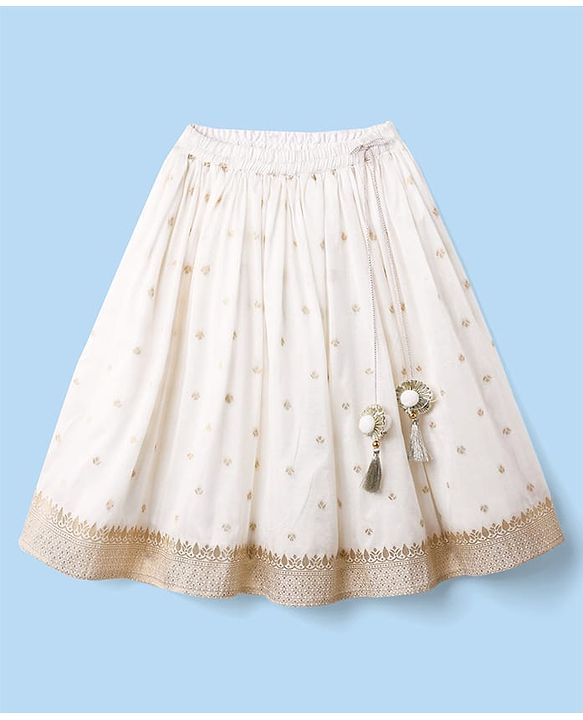 Babyhug Woven Sleeveless Choli Lehenga Set with Dupatta with Brocade Embroidery & Lace Detailing  - Offwhite