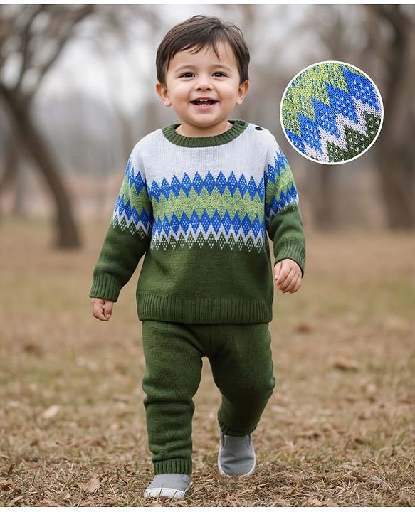 Babyhug Knitted Full Sleeves Sweater Set With Chevron Design - Olive Green & Blue