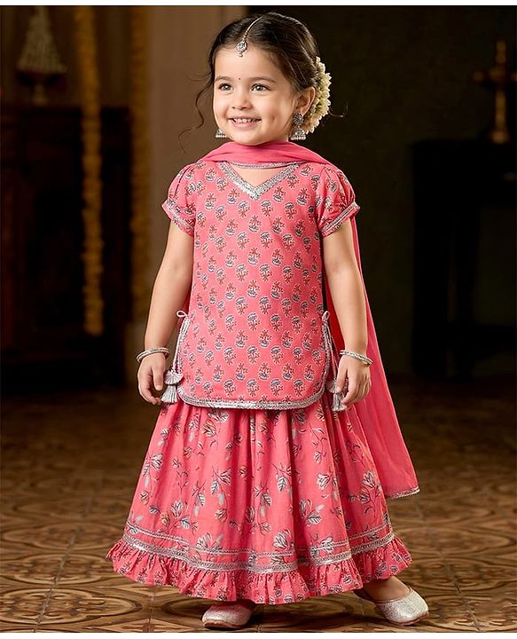 Babyhug Woven Half Sleeves Choli Lehenga Set & Dupatta With Floral Print & Lace Detailing - Pink