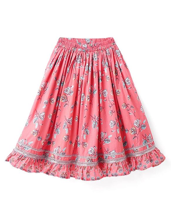 Babyhug Woven Half Sleeves Choli Lehenga Set & Dupatta With Floral Print & Lace Detailing - Pink