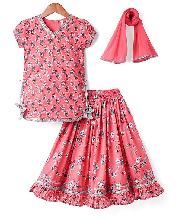 Babyhug Woven Half Sleeves Choli Lehenga Set & Dupatta With Floral Print & Lace Detailing - Pink