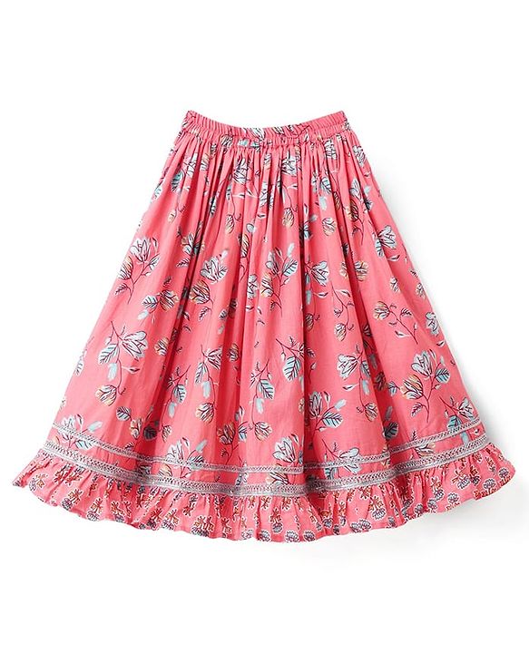 Babyhug Woven Half Sleeves Choli Lehenga Set & Dupatta With Floral Print & Lace Detailing - Pink
