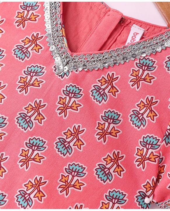 Babyhug Woven Half Sleeves Choli Lehenga Set & Dupatta With Floral Print & Lace Detailing - Pink