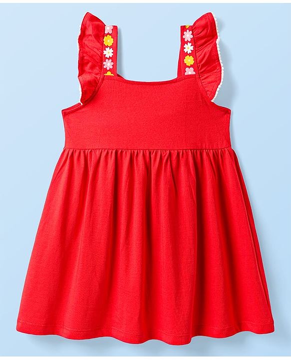 Babyhug Single Jersey Knit Frill Sleeves Frock With Floral Print - Red