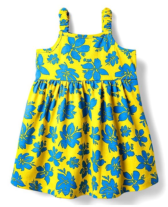 Babyhug Single Jersey Knit Sleeveless Frock With Floral Print & Bow Applique - Yellow & Blue