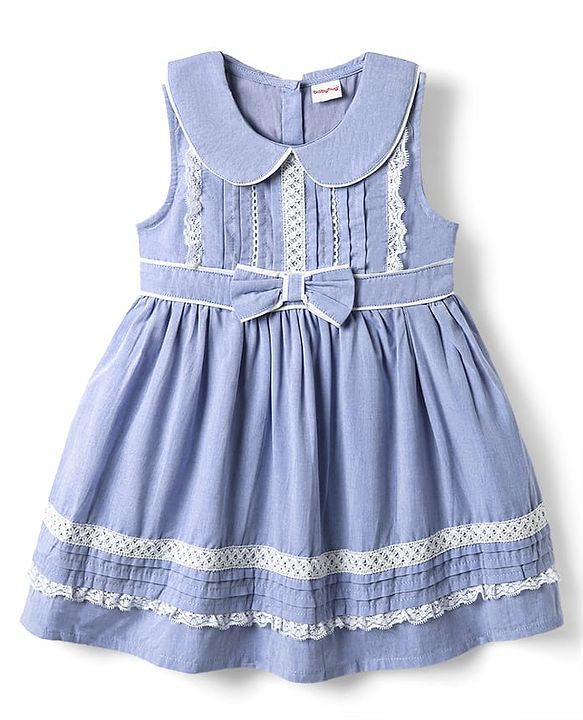 Babyhug Cotton Woven Sleeveless Peter Pan Collared Frock with Bow Applique & Lace Detailing - Light Blue