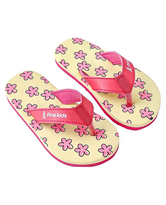 Pine Kids Slip On Flip Flops with Floral Print - Pink & Yellow