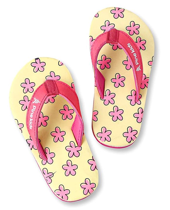 Pine Kids Slip On Flip Flops with Floral Print - Pink & Yellow
