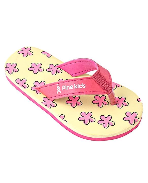 Pine Kids Slip On Flip Flops with Floral Print - Pink & Yellow