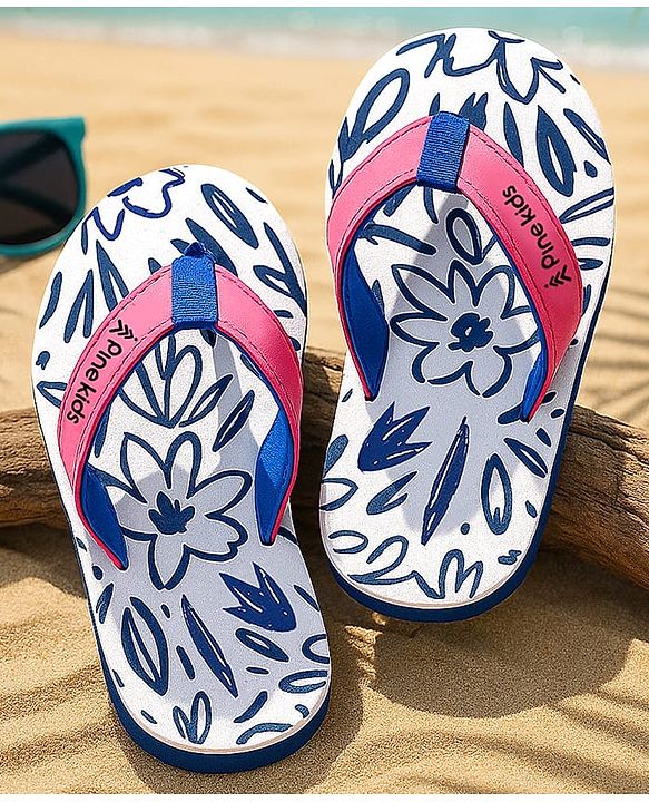 Pine Kids Slip On Flip Flops with Floral Print - White Blue & Pink