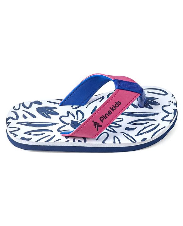 Pine Kids Slip On Flip Flops with Floral Print - White Blue & Pink