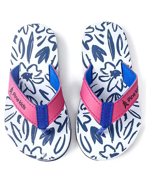 Pine Kids Slip On Flip Flops with Floral Print - White Blue & Pink