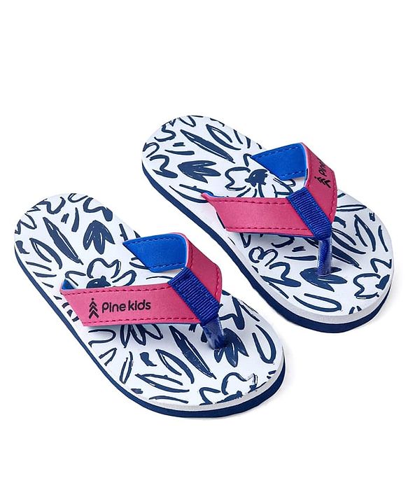 Pine Kids Slip On Flip Flops with Floral Print - White Blue & Pink