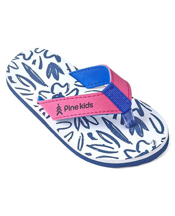 Pine Kids Slip On Flip Flops with Floral Print - White Blue & Pink