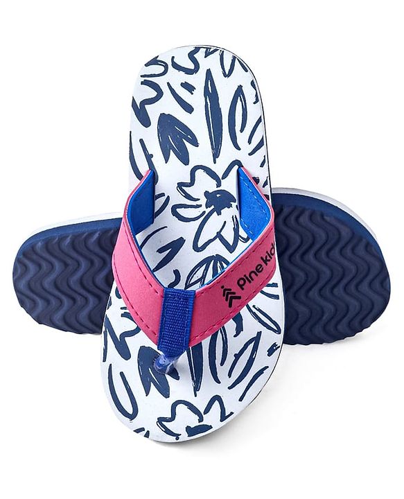 Pine Kids Slip On Flip Flops with Floral Print - White Blue & Pink