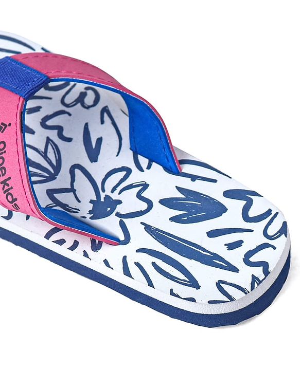 Pine Kids Slip On Flip Flops with Floral Print - White Blue & Pink