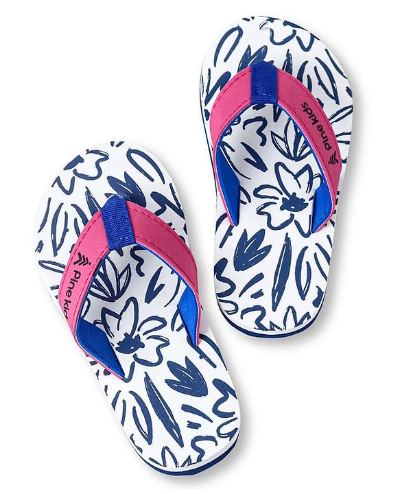 Pine Kids Slip On Flip Flops with Floral Print - White Blue & Pink
