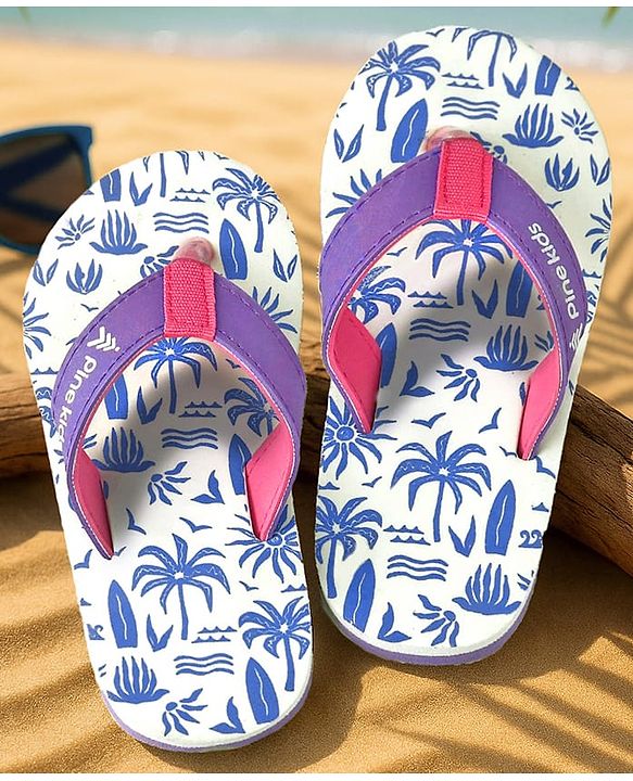 Pine Kids Slip Ons Flip Flops with Beach Theme Print - Blue