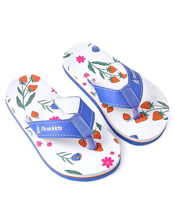 Pine Kids Slip On Flip Flops with Floral Print - White & Blue