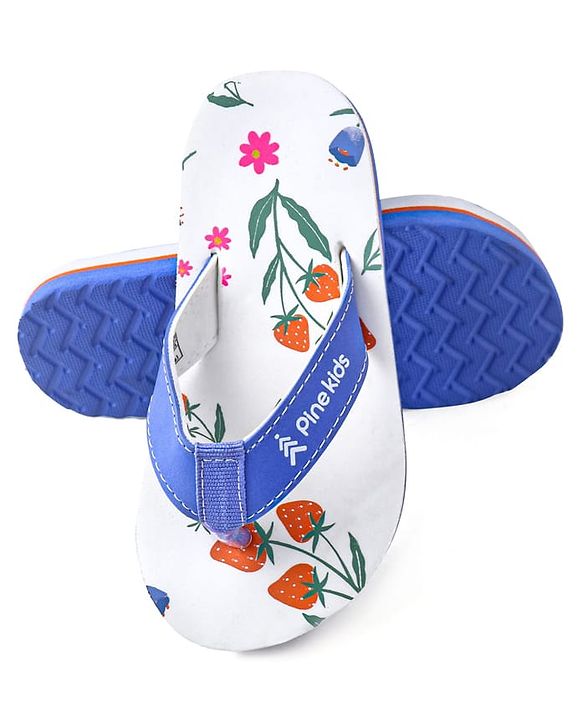 Pine Kids Slip On Flip Flops with Floral Print - White & Blue