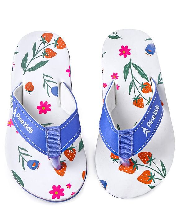Pine Kids Slip On Flip Flops with Floral Print - White & Blue